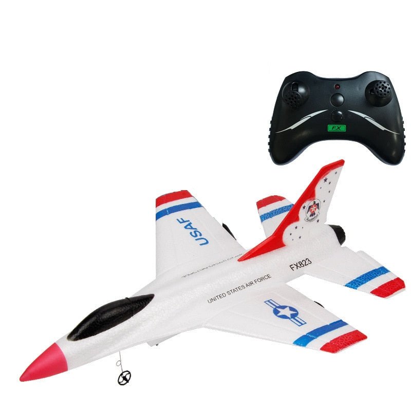 Toy airplane with 'USAF' branding and a remote control.