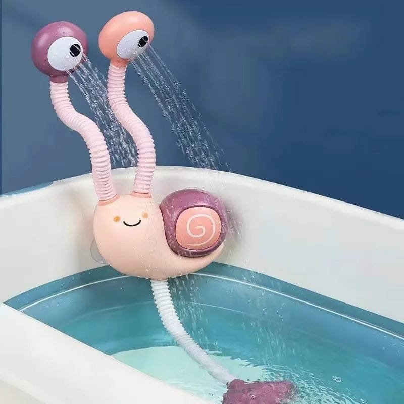 Snail-shaped shower head with flexible arms in a bathtub