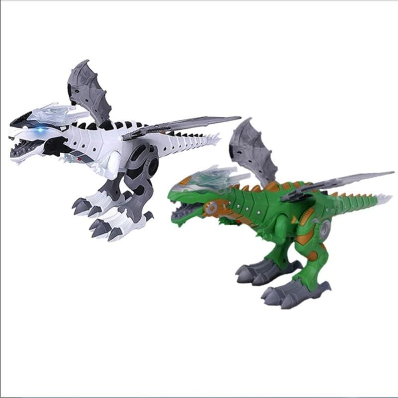 Two toy dinosaurs, one green and gray, the other white and gray.