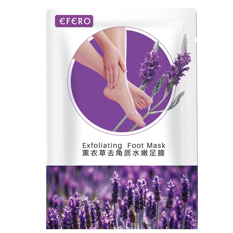 Exfoliating foot mask packaging with lavender design and 'Efero' branding.