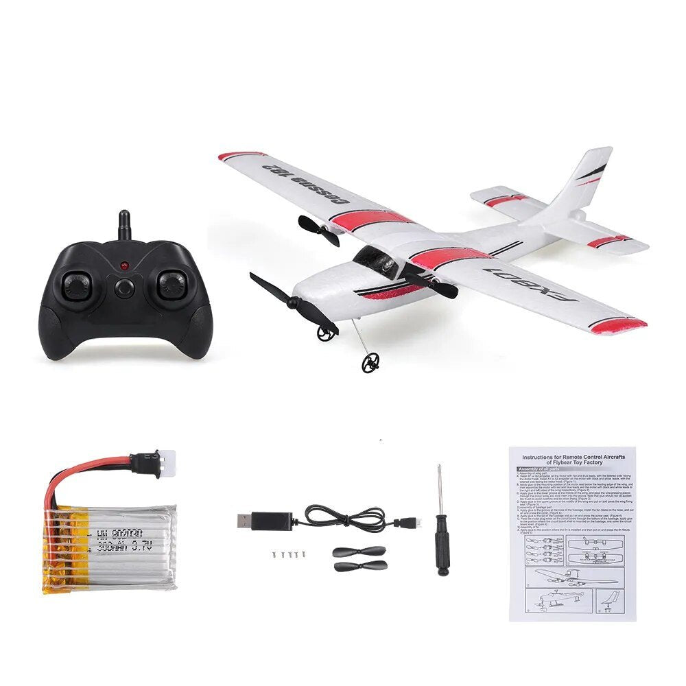 White and red remote control airplane with accessories