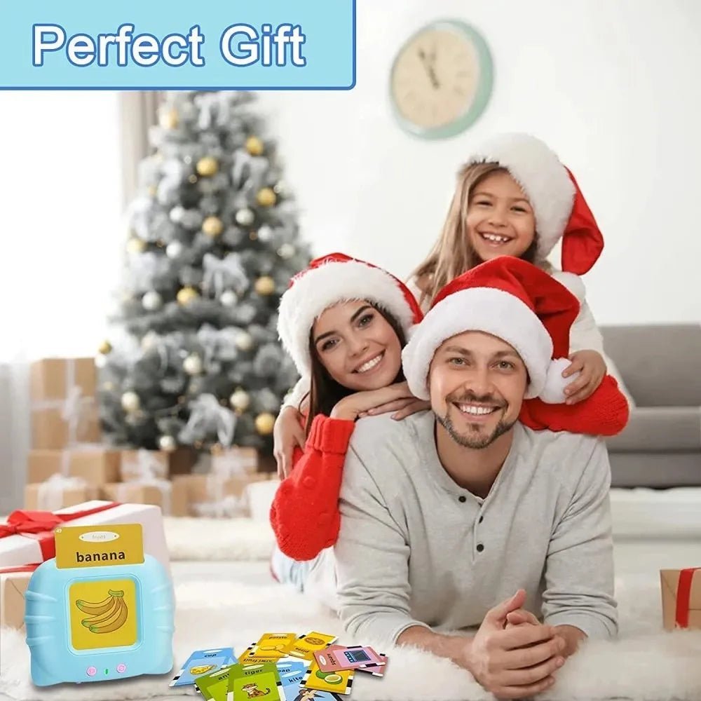 Family wearing Santa hats in a living room with a Christmas tree and presents.