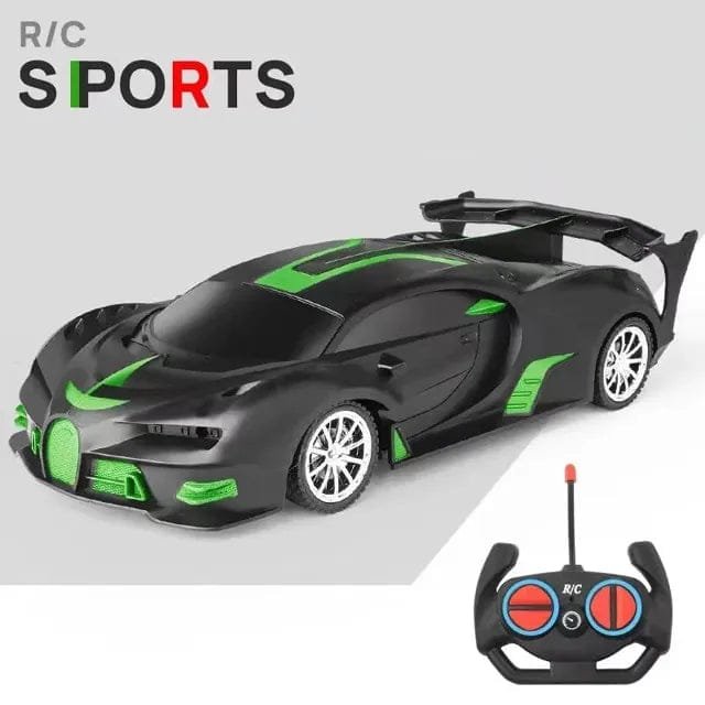 Black and green toy sports car with a remote control.