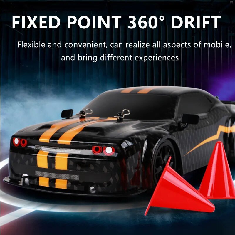 Black and orange drift car with red cones.