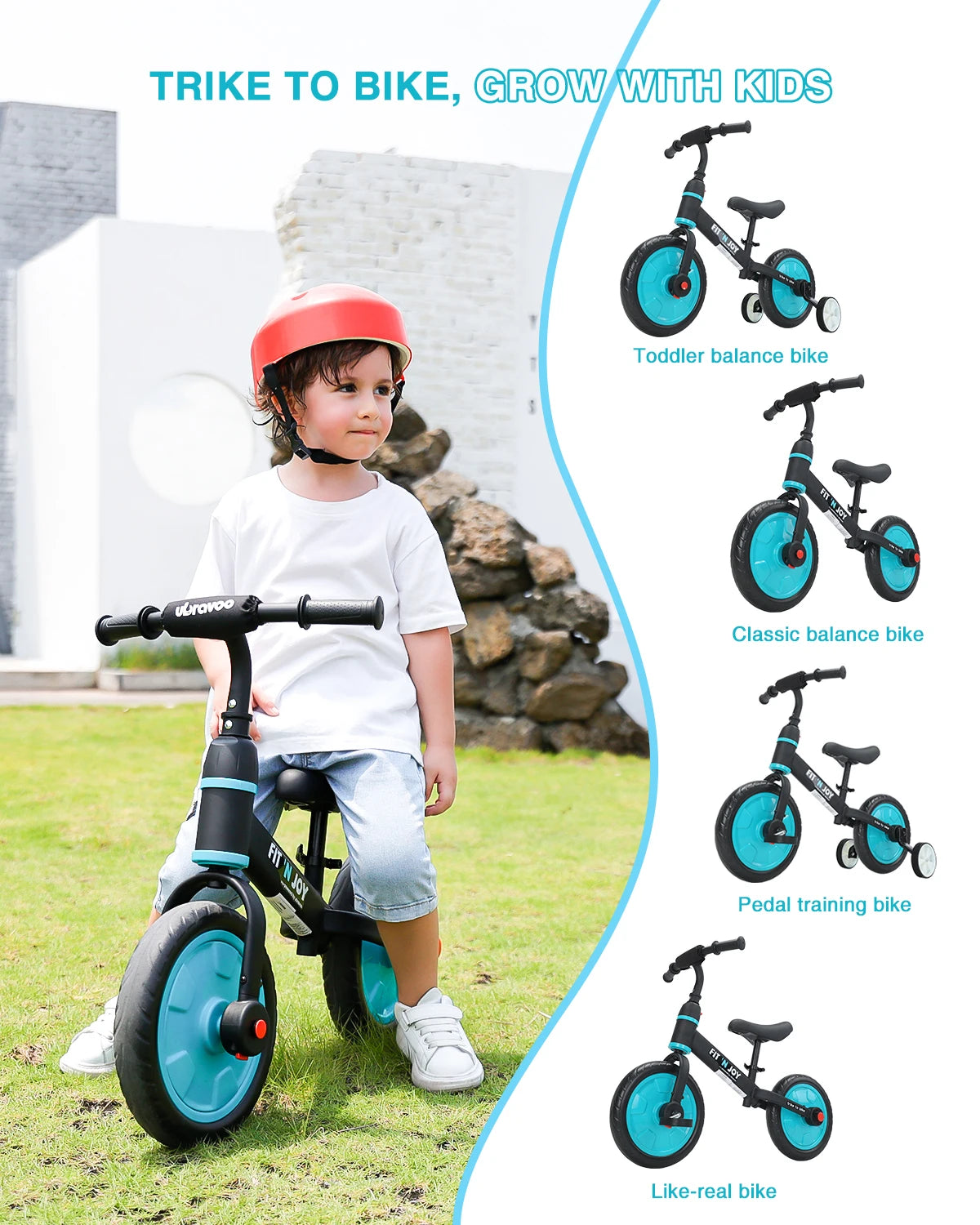 Child on a balance bike with images of different bikes on the side