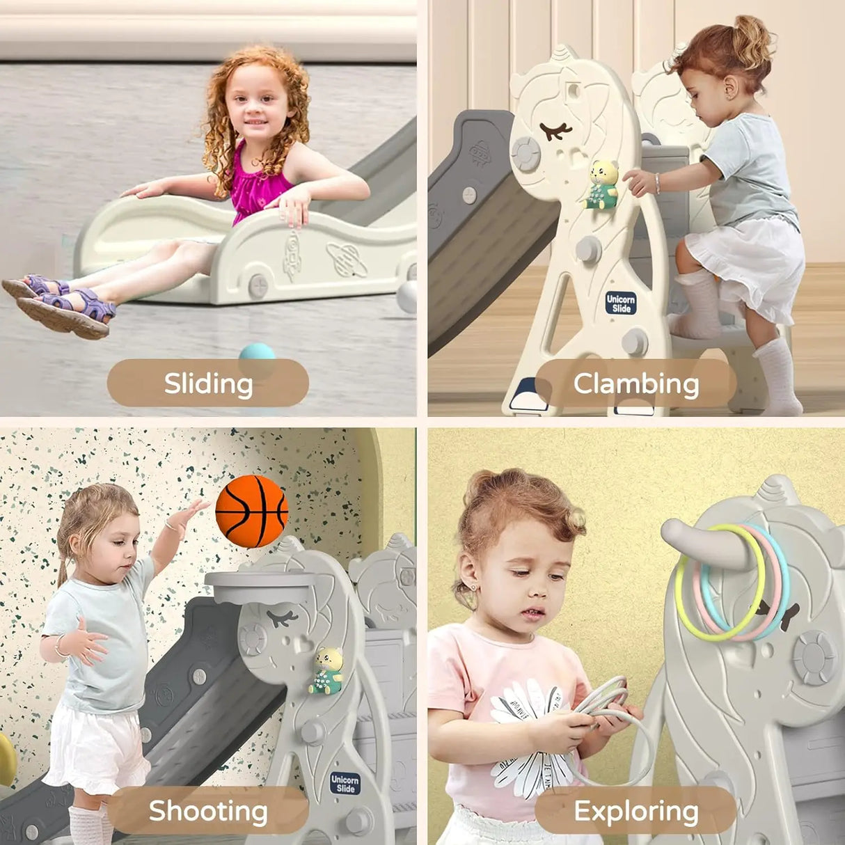 Children playing with a multi-functional play structure labeled 'Sliding', 'Clambering', 'Shooting', and 'Exploring'.