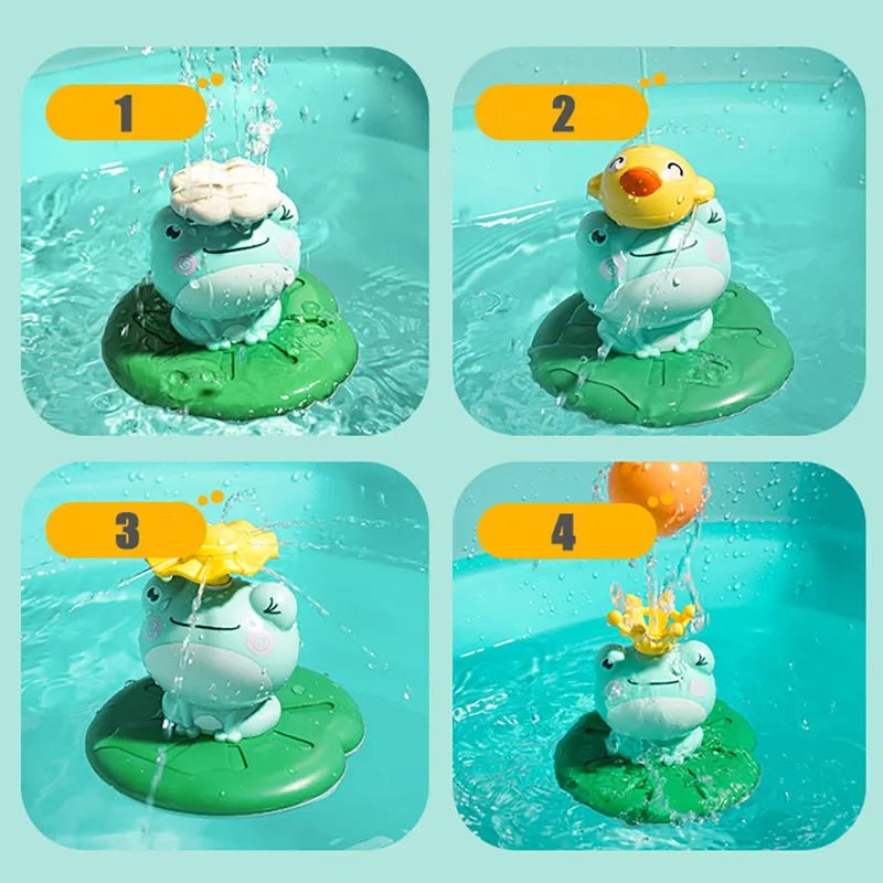 Set of four animated scenes with a frog and duck on lily pads in water.