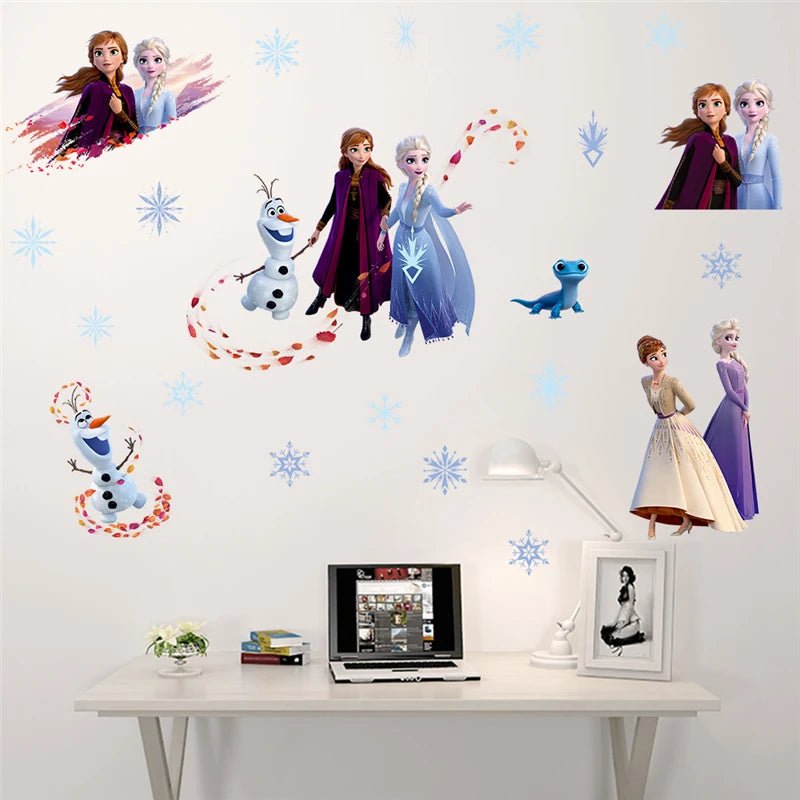 Wall with Disney Frozen character decals above a desk.