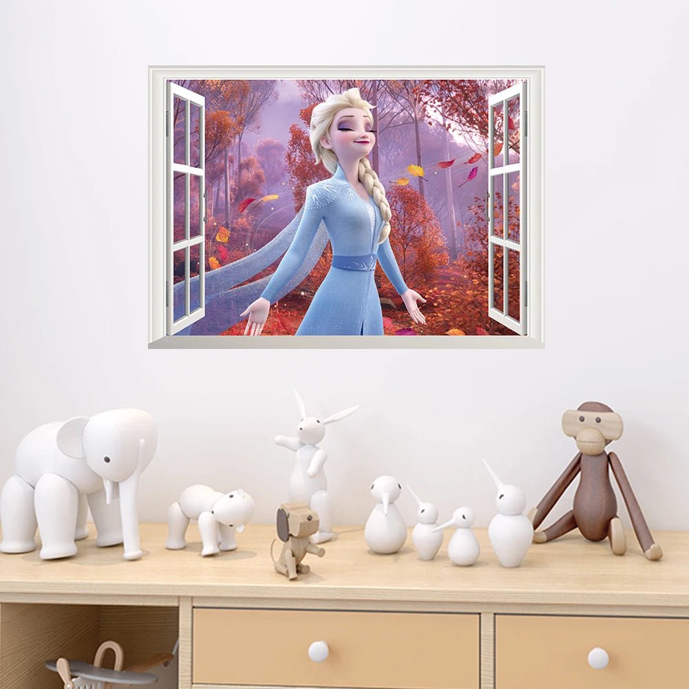 Framed artwork of a character in a blue dress standing in front of an open window with a forest view, displayed above a wooden cabinet with toys.