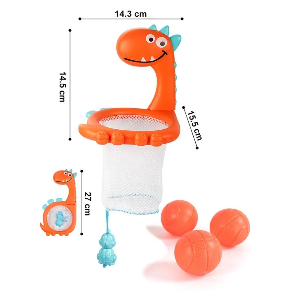 Orange dinosaur-shaped toy with net and balls, shown with measurements.