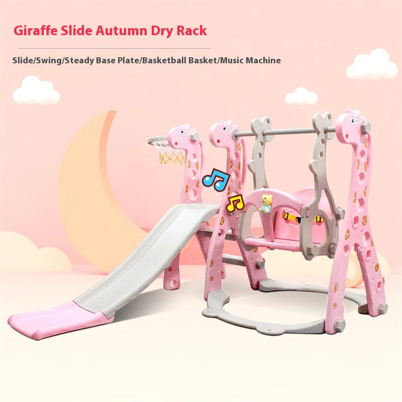 Pink giraffe-themed children's play structure with slide, swing, and other features.