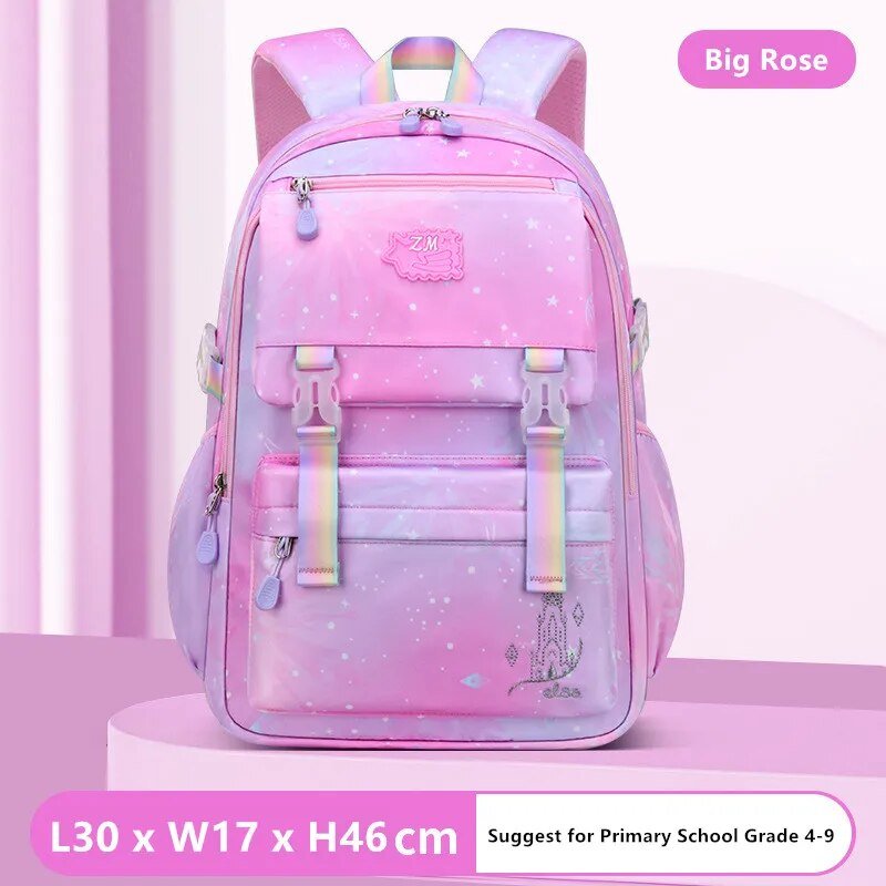 Pink backpack with castle design.