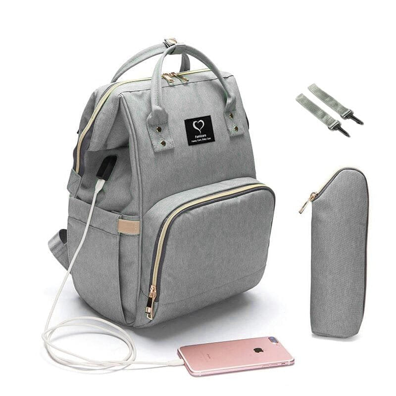 Gray backpack with additional pouch and phone on a white background