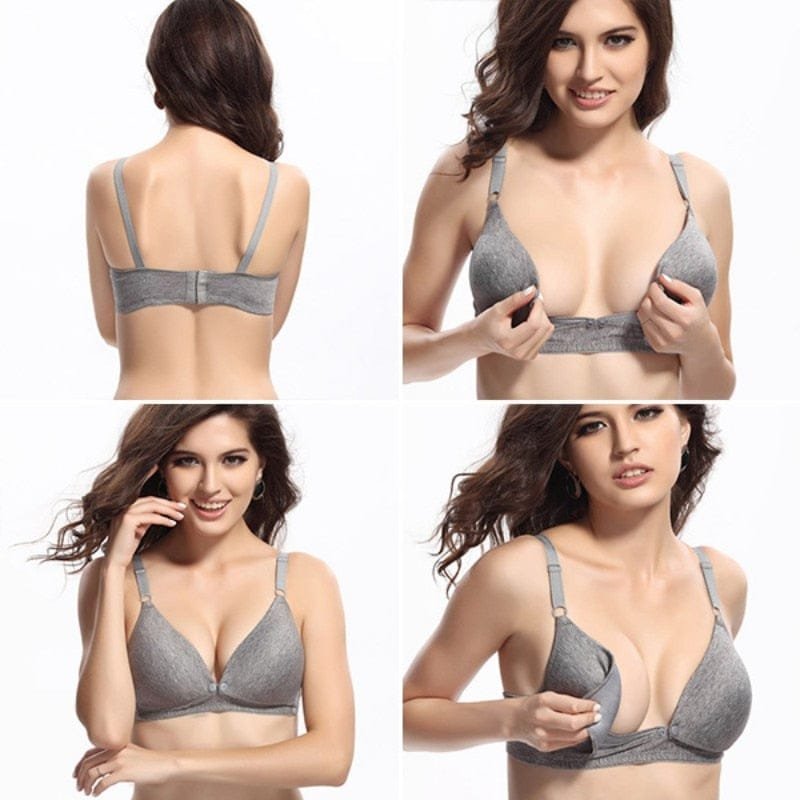 Gray bra being worn by a model from different angles on a white background