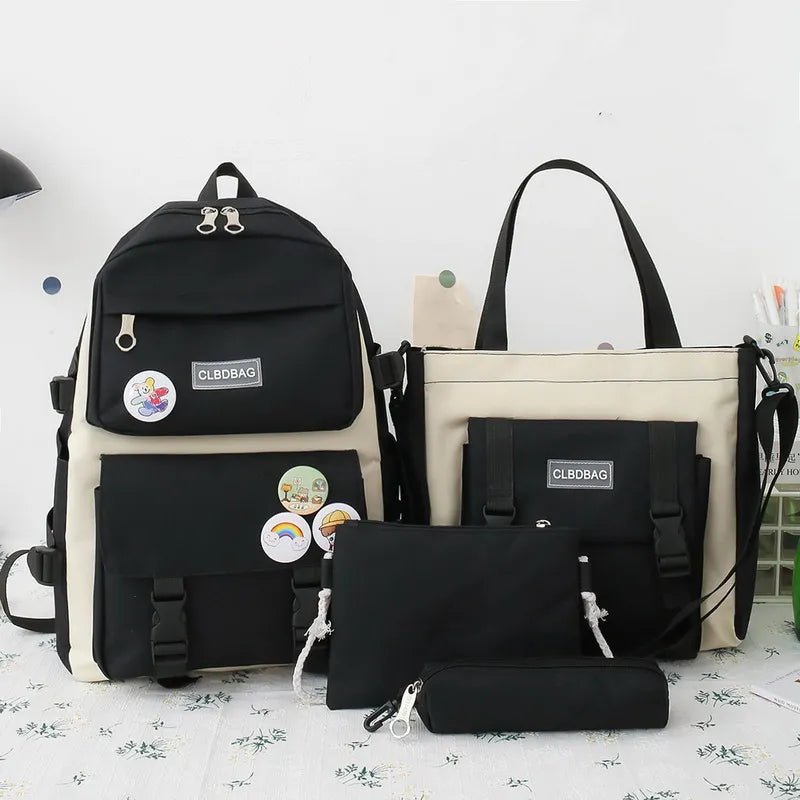 Set of bags including a backpack, tote bag, and pouches with visible branding