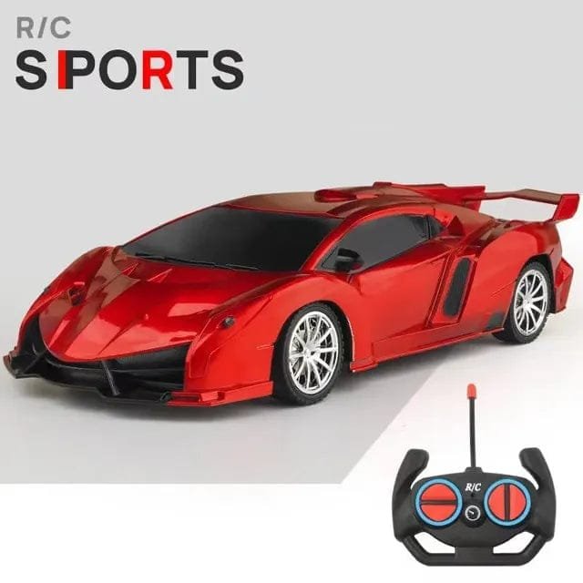 Red sports car model with remote control on a gray background, featuring 'R/C Sports' text.