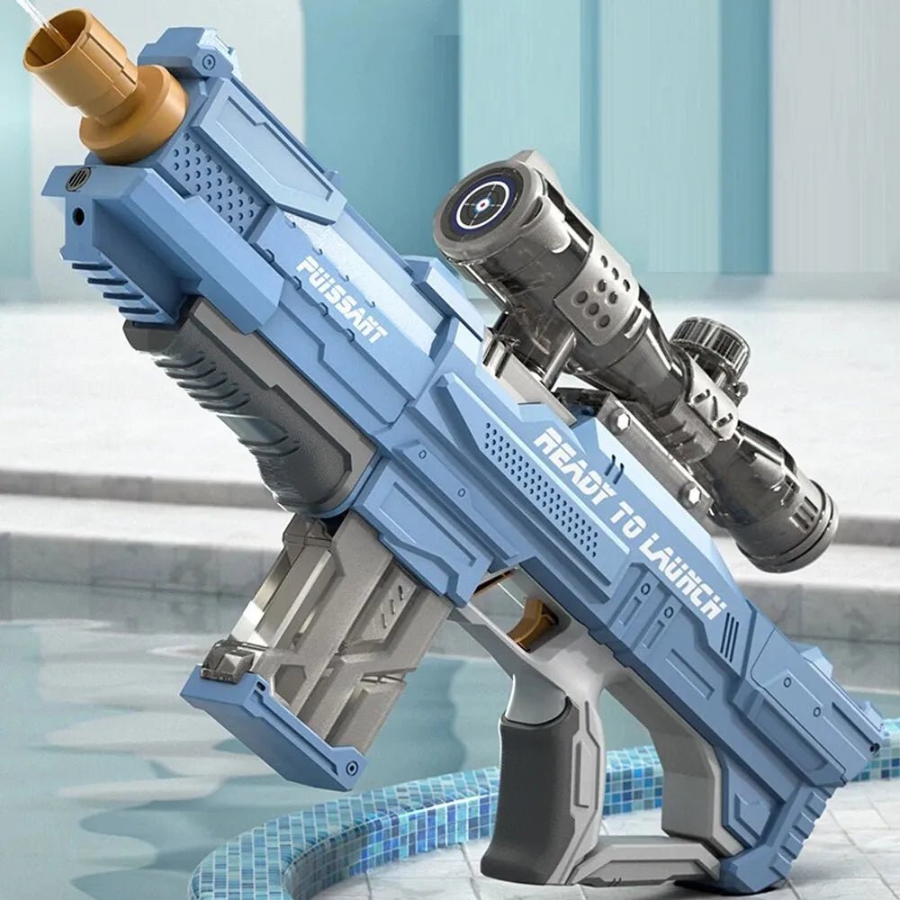 Toy gun with blue and gray design, featuring the brand 'Fusight', on a reflective surface.