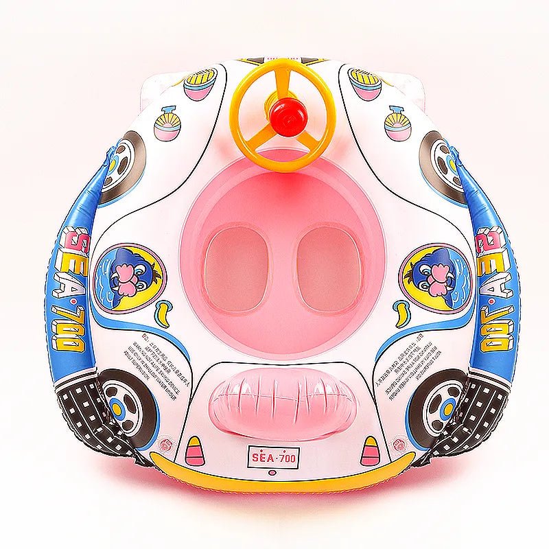 Inflatable baby float with steering wheel and pink seat on a white background