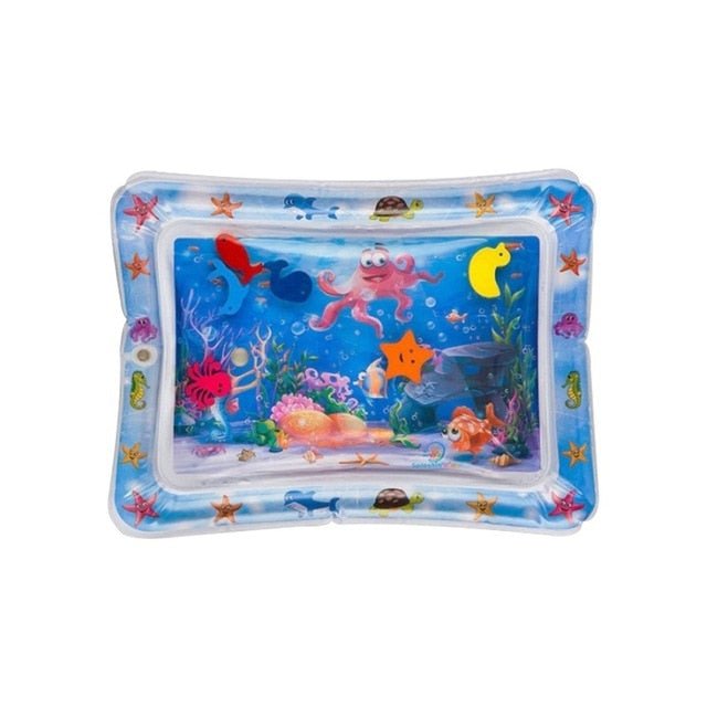 Inflatable water mat with underwater scene design on a white background