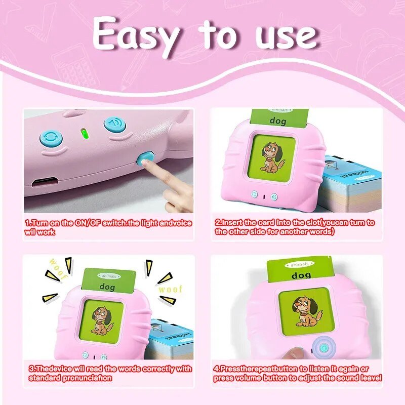 Instructions for using a pink educational device with text on a pink background