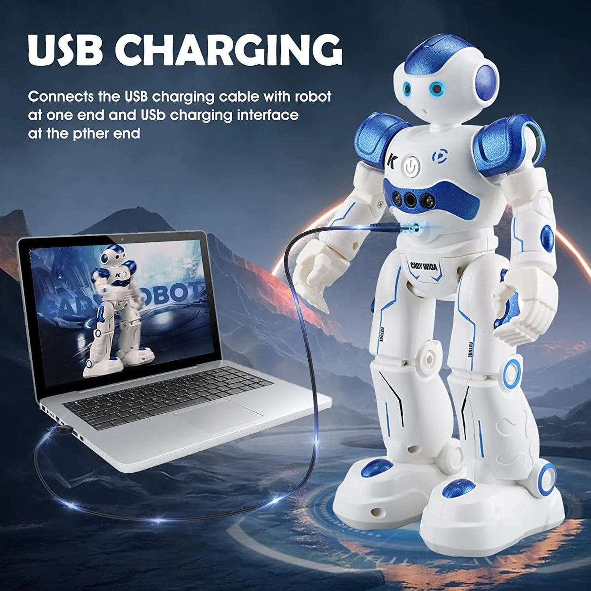 Robot with USB charging cable connected to a laptop, set against a dark background with mountainous landscape.