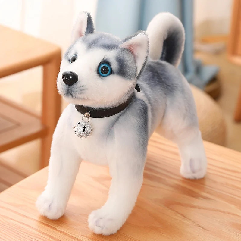 Plush toy husky dog with a bell.