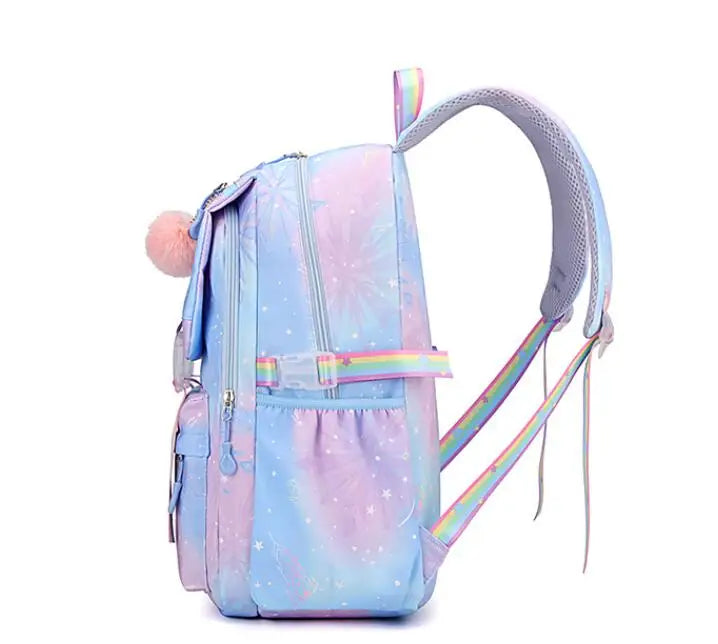Pastel-colored backpack with rainbow accents.