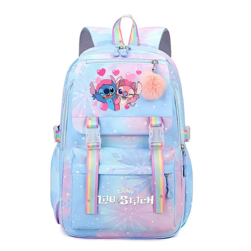 Backpack with cartoon characters and a colorful design.