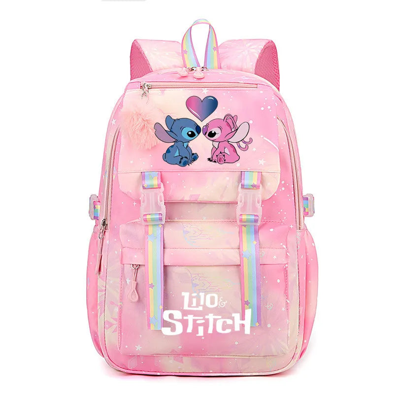 Pink backpack with cartoon characters and 'Lilo & Stitch' text.