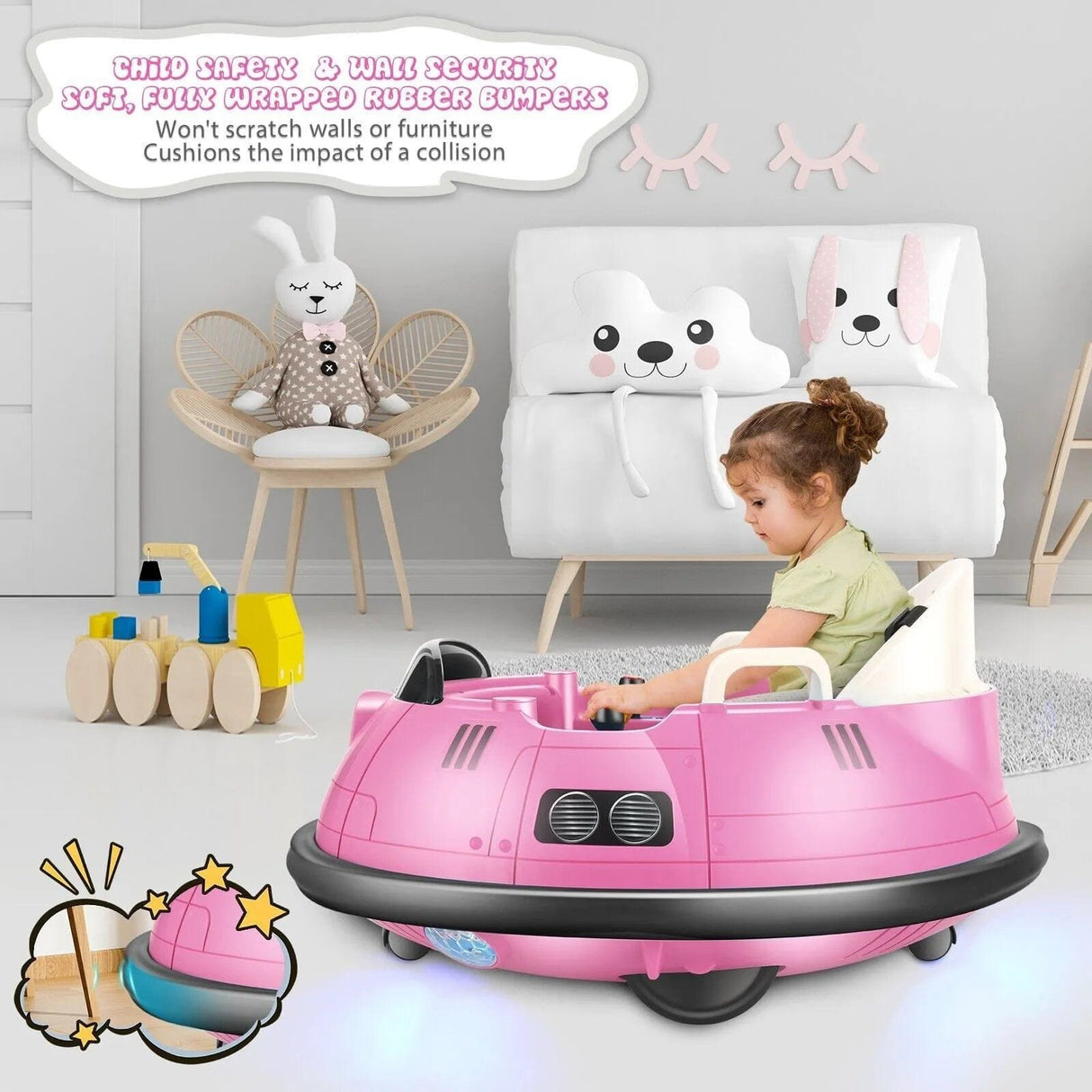 Child playing with a pink toy car in a room with furniture and toys.