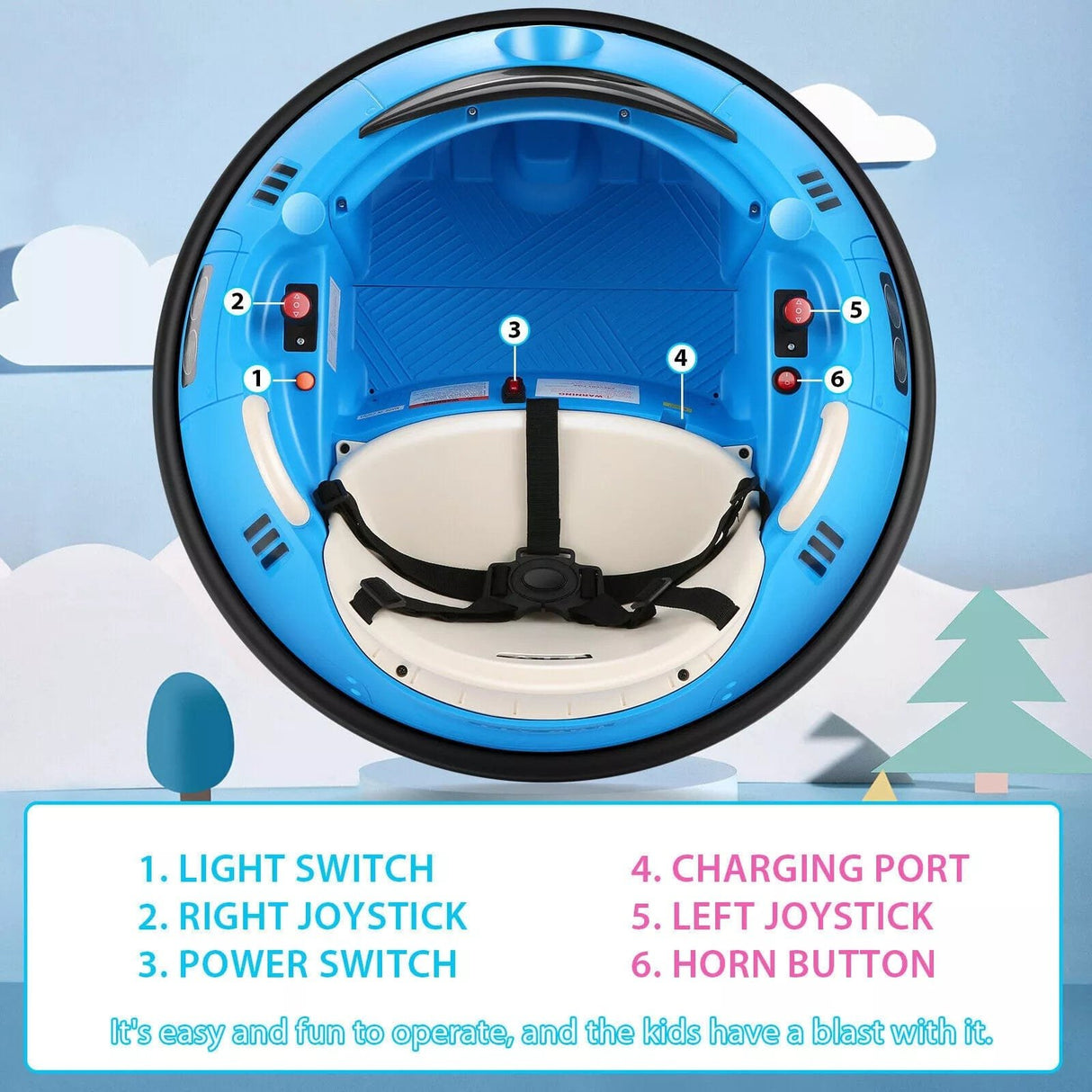 Blue hoverboard with labeled controls.