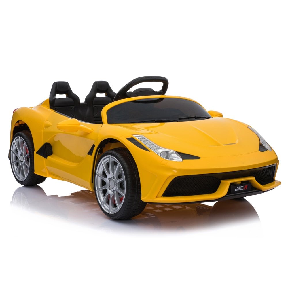 Yellow toy car with black interior.