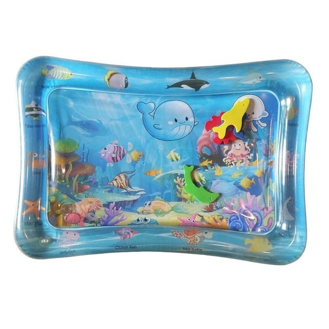 Inflatable water mat with underwater scene design on a white background