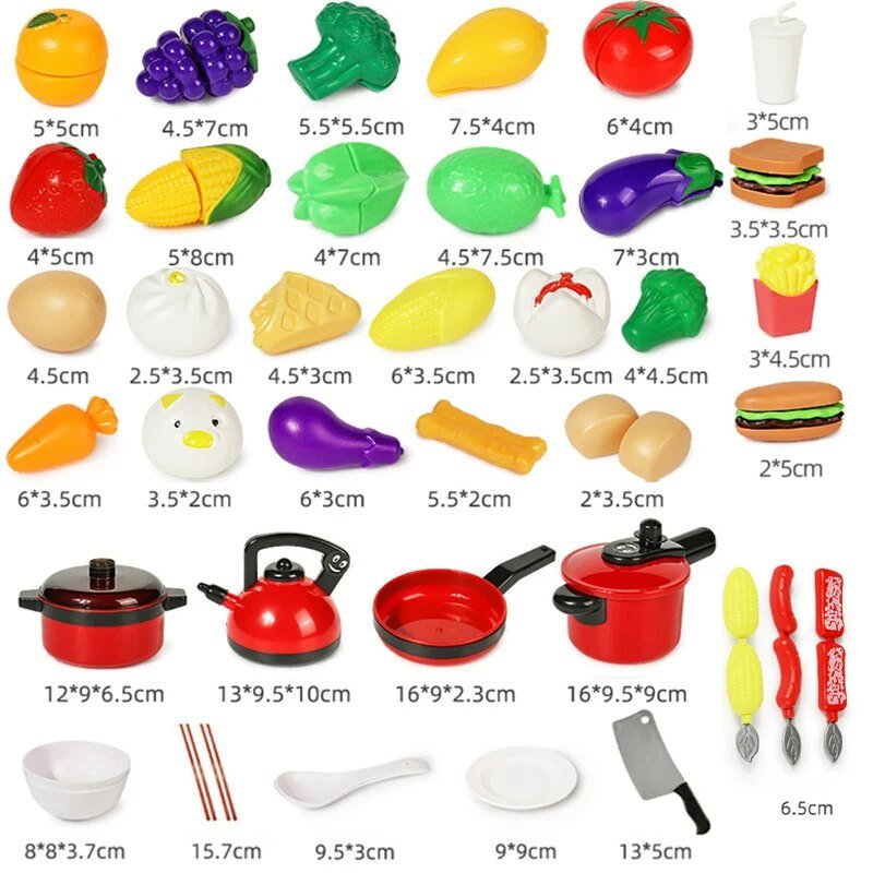 Collection of toy kitchen items, including fruits, vegetables, and kitchen utensils