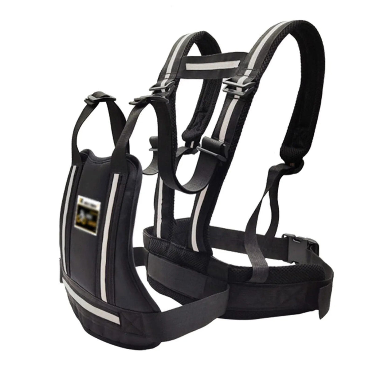 Black safety harness with reflective stripes.