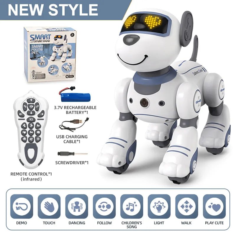 Smart robot dog with remote control, battery, and charging cable