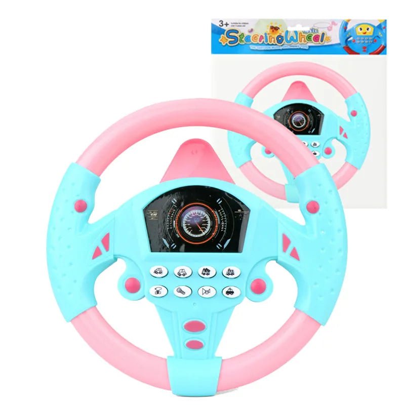 Toy steering wheel with pink and blue colors and a packaging label