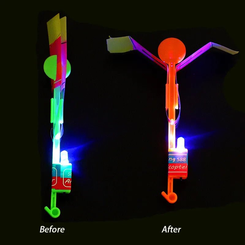 Comparison of a toy helicopter before and after being illuminated with colorful lights.