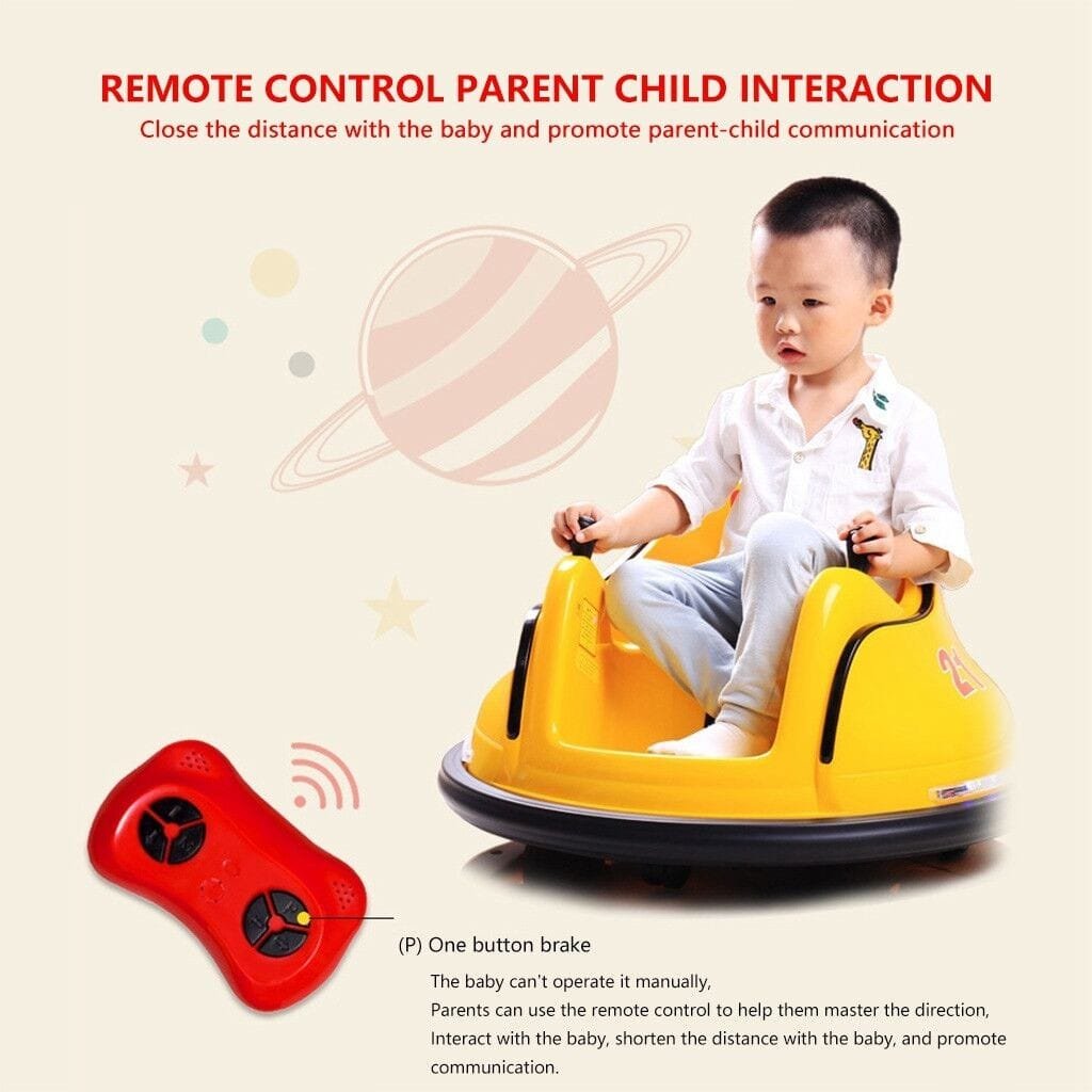 Child sitting in a yellow toy car with a remote control, promoting parent-child interaction.