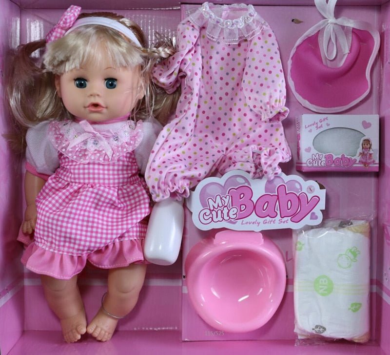 Toy doll set with pink dress, bib, and accessories in a box labeled 'My Cute Baby'.