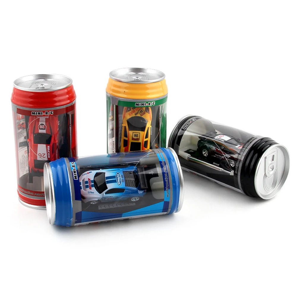Four colorful can-shaped containers with toy cars inside