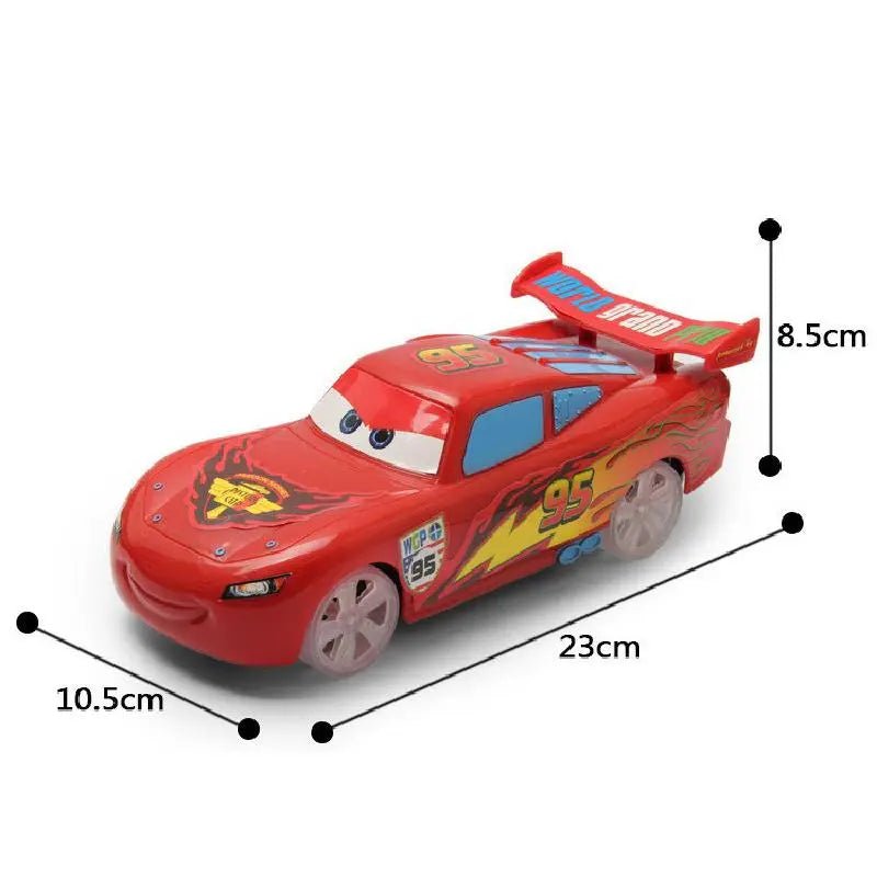 Red toy car with measurements