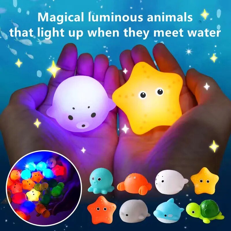 Luminous animal toys that light up when met with water, held in hands against a starry night sky background.