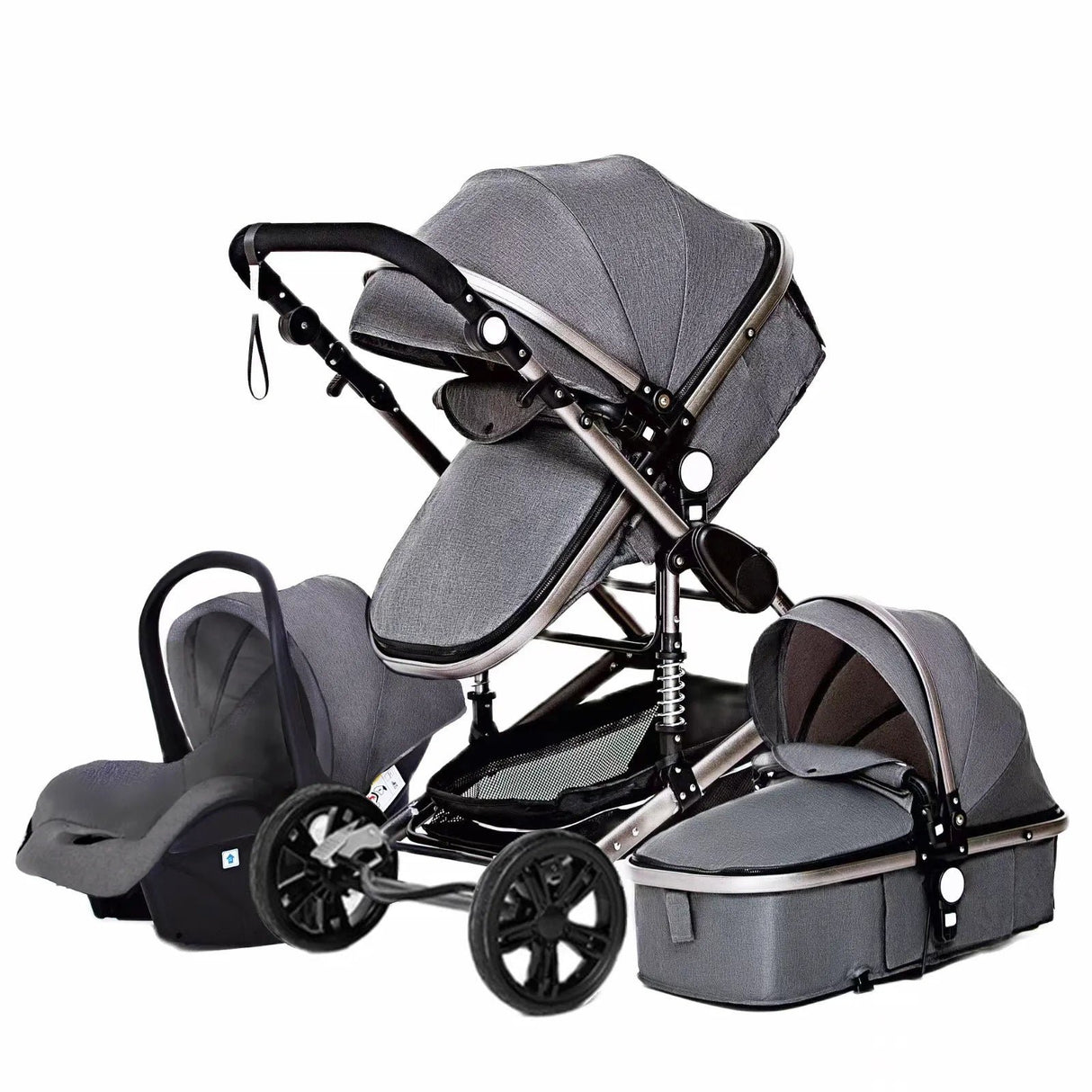 Gray baby stroller with car seat and bassinet