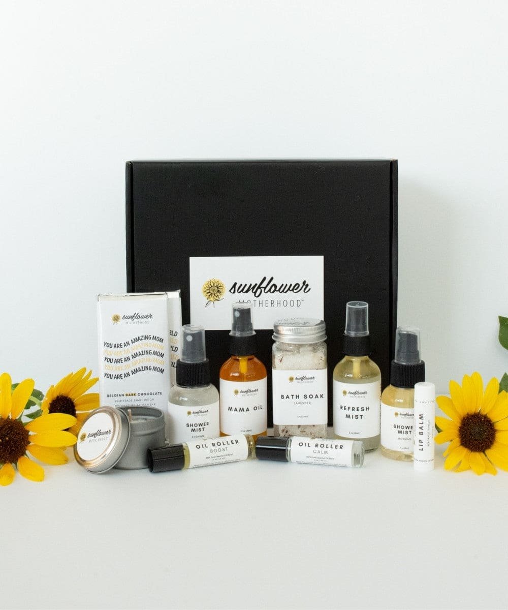 Collection of skincare and wellness products with sunflower packaging
