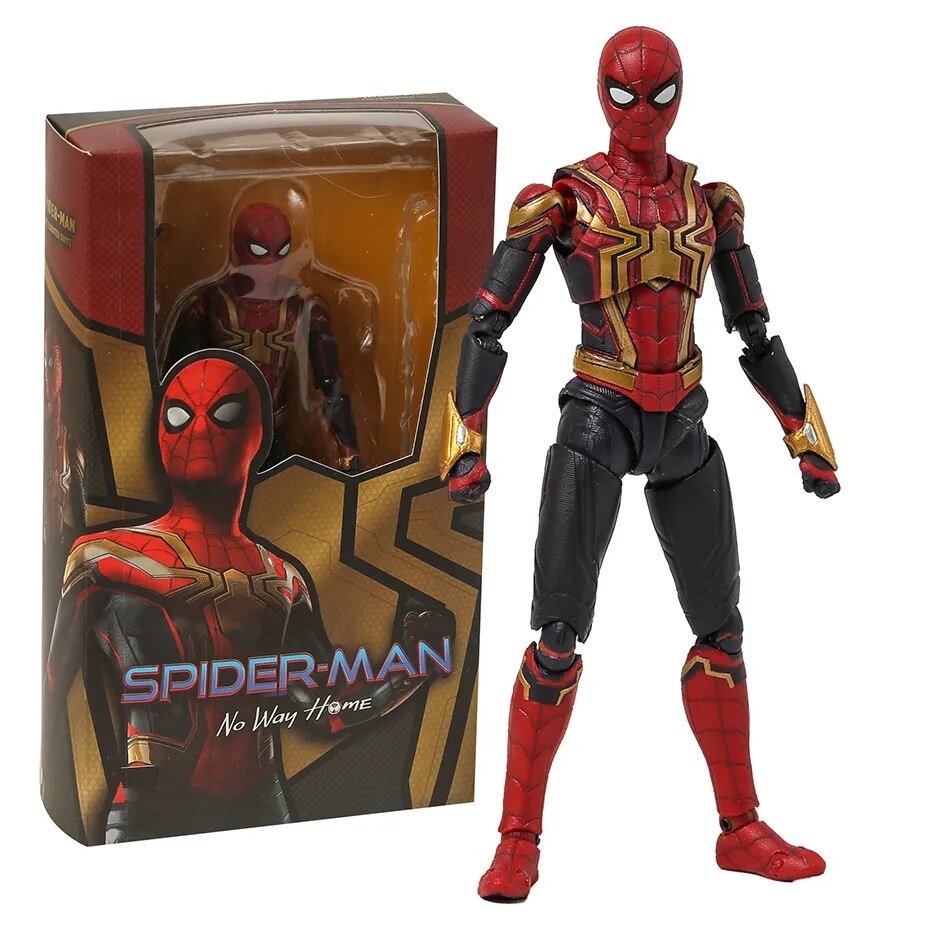 Spider-Man action figure next to its packaging with 'Spider-Man: No Way Home' branding.
