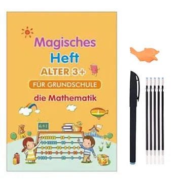 Mathematics workbook for primary school-aged 3+ with a pen and eraser on a white background