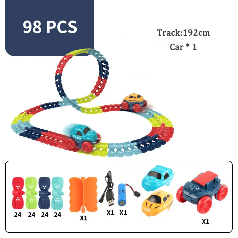 Toy track set with cars and accessories.