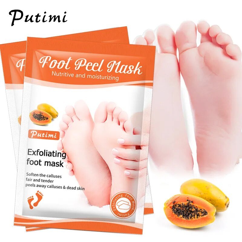 Putimi foot peel mask packaging with a close-up of feet and papaya illustration.