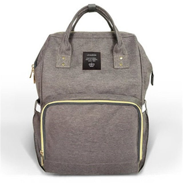 Gray backpack with a visible brand label